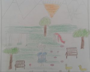 Un parco pubblico nel disegno di un bambino