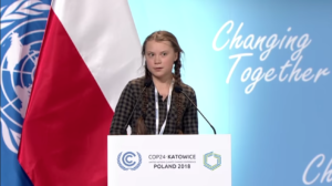 Greta Thunberg durante il suo intervento al vertice sul clima di Katowice, in Polonia