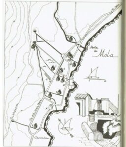 Pianta corografica del Borgo di Mola tra X e XVIII secolo (disegno di S. Ciccone): il nero pieno evidenzia le sorgenti principali, i corsi d'acqua e la linea di costa, il tratteggio indica i percorsi dismessi, A, Porta della Spiaggia(seconda metà del cinquecento), B, Castello di Mola, C, acquedotto romano. Mulini: 1, di Follino, 2, di Armenia( Majorino), 3,del Toro (Portone Vecchio), 4, 5, 6 ( Orto del Re-Strettola) Zoppella, Pampilino e della Stretta, 7, della Palude, 8, S. Giorgio, 9, 10, Maggiore e Minore,11, de Fore, 12, del Fiumicello. Scorcio del Gran Formale presso i mulini con bacino, chiuse e scivolo di accellerazione (da Mattej, 1840 ca.).