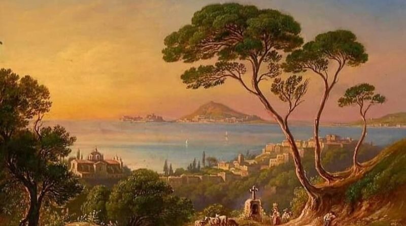 Il colle Cascio in un dipinto di Friedrich Horner del 1848. La piccola altura rappresenta il legame linguistico condiviso dai due centri del Basso Lazio